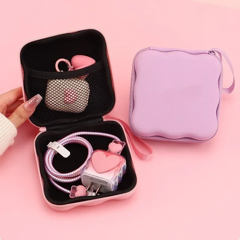 Tragbares Kabelschutz-Set, Aufbewahrungstasche, schöne Reise-Aufbewahrungstasche mit Schleife und Knoten, niedlicher Kabelladerschutz, Kabel-Organizer