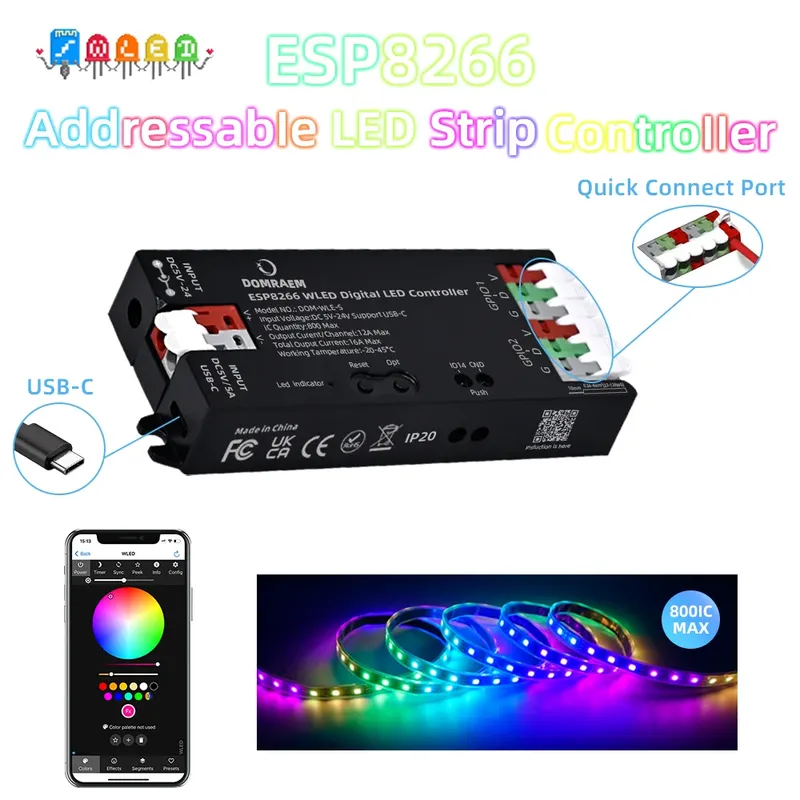 Domraem ESP8266 Digital WiFi LED Controller USB-C5V DC5-24V Streifen 100 + Modi WLED App WS2811 WS2812 SK6812 TM1814 DIY Pixel Licht