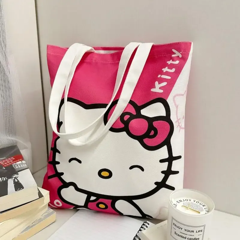 Japanische Cartoon-Sanrio-Handtasche mit großem Fassungsvermögen, Hello Kitty-Leinentasche, lässige Pendlertasche, modische Umhängetasche für Mädchen