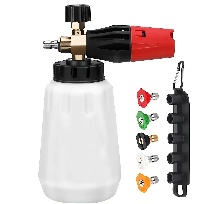 Schaumstoffkanone mit verstellbarer Düse, 1 l dicke Flasche, 1/4 Zoll Schnellanschluss, 5 Düsen mit Sockel, für Hochdruckreiniger, batterielos