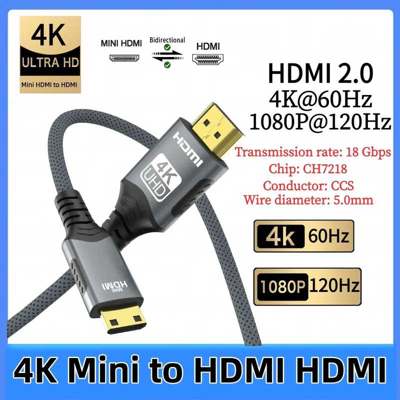 4K Mini HDMI zu HDMI Kabel HD 4K@60Hz High-Speed Geflochtenes HDMI-kompatibles Kabel Bidirektionales 2.0Kabel für HDTV Tablet Kamera