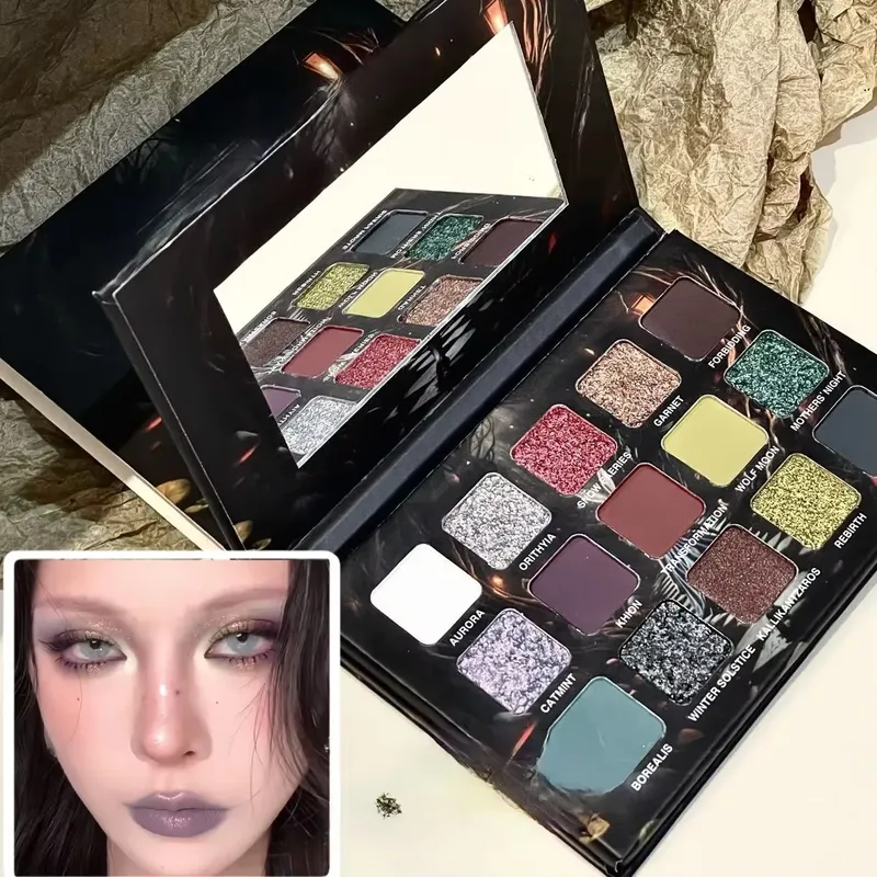 Lila Chamäleon 15-Farben-Lidschatten-Palette, schimmernd, glitzernd, matt, metallisch, Halloween-Make-up-Look, Lidschatten-Palette