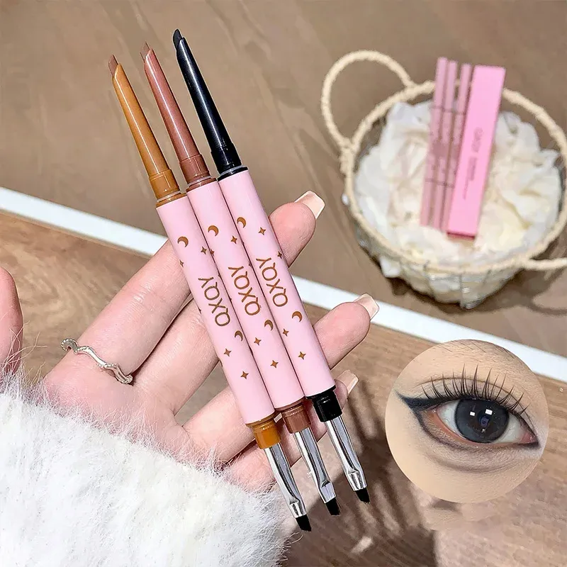 QXQY Doppelkopf-Eyeliner, Zwei-in-Eins-Augenbrauenstift und Augen-Eyeliner, mit Bürstenkopf, langanhaltendes Make-up, liegende Seidenraupe