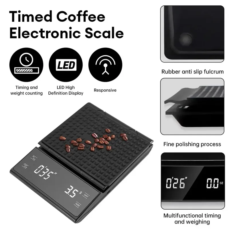 Digitale wiederaufladbare Kaffeewaage mit Timer, LED-Bildschirm, Espresso, USB, 3 kg, max. Wiegen 0,1 g, hochpräzise Messungen, Küchenwaage