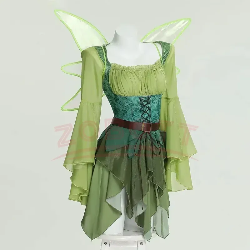 Mittelalterliches grünes Feenkleid für Damen, magisches Elfenkleid und Gürtel mit Flügeln, Halloween-Cosplay-Kostüme, Elfen-Rollenspielkostüm