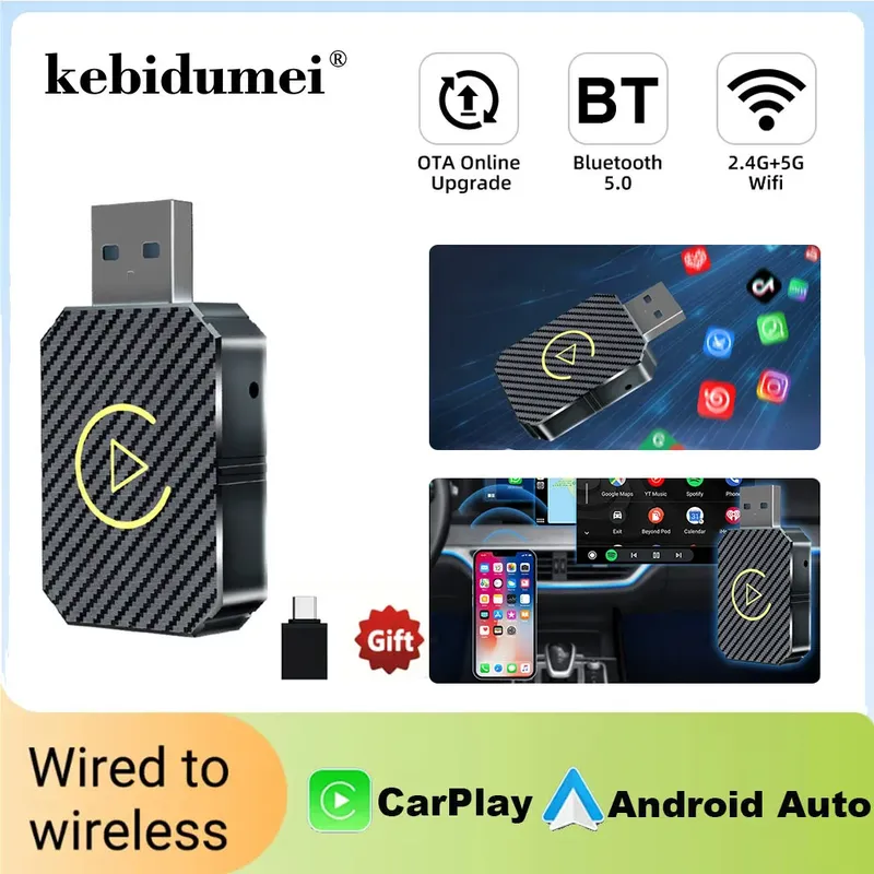 2-in-1 kabelloser Carplay-Adapter für Apple iOS Android Auto Smart USB Plug and Play für Havel Kia Volvo Audi MG VW Hyundai Jeep