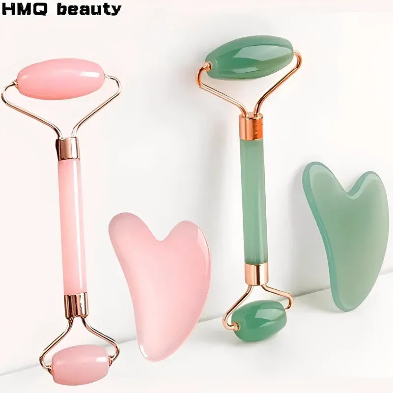 2 stücke Natürliche Jade Gesichts Roller Schaben Bord Set Gesichts Hautpflege Massage Kit Herz-förmigen Gua Sha Bord Salon schönheit Werkzeug