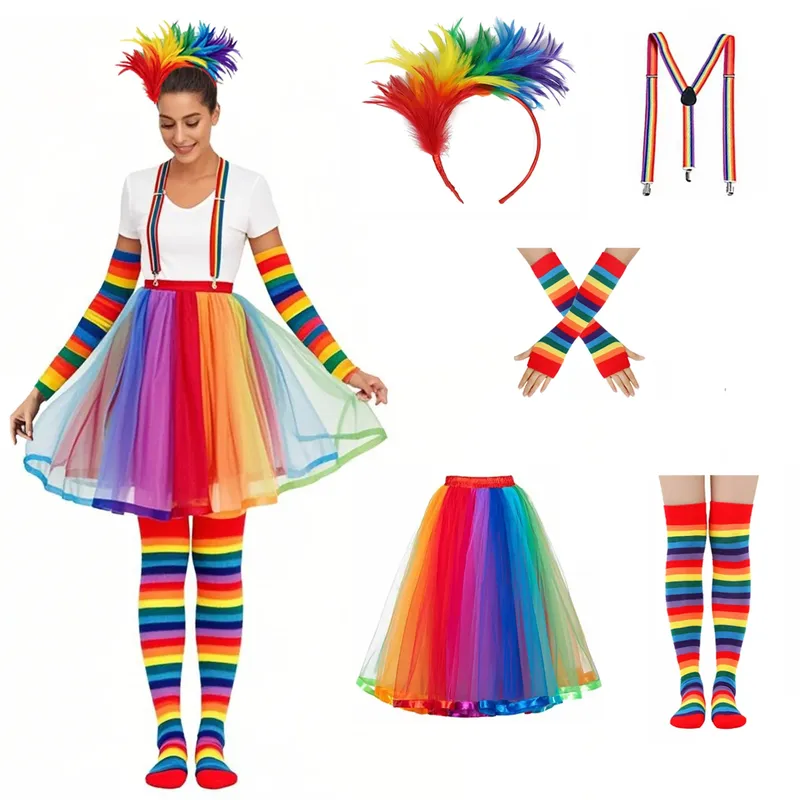 Regenbogen-Stirnband, Riemen, Ärmelabdeckung, Socken, Regenbogen-langes Kleid, 3 Stück/5 Stück, geeignet für Halloween, Karneval, Party, Cosplay, Anzieh