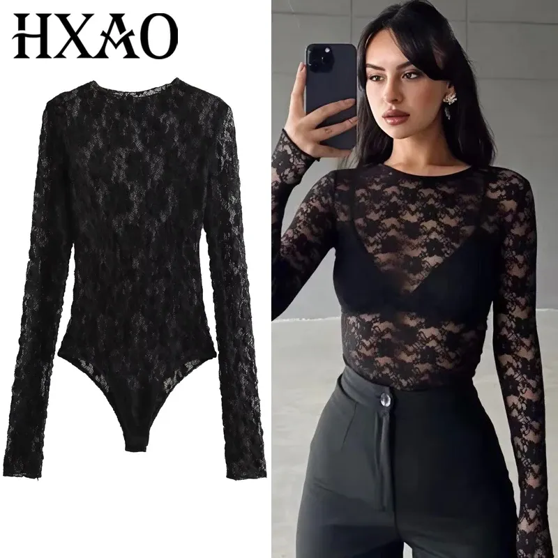 HXAO Damen-Body, Spitzen-Body, Herbst, Schwarz, Cutwork, O-Ausschnitt, lange Ärmel, hohe Spandex-Bodys, sexy Dessous für feine Frauen