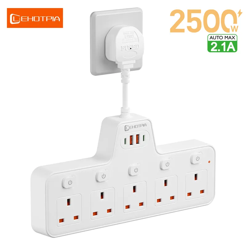 2500 W UK AC-Stecker Steckdosenleiste Wandmontierter unabhängiger Schalter Multitap-Netzwerkfilter mit USB-C-Anschlüssen 2,1 A Schnellladeadapter