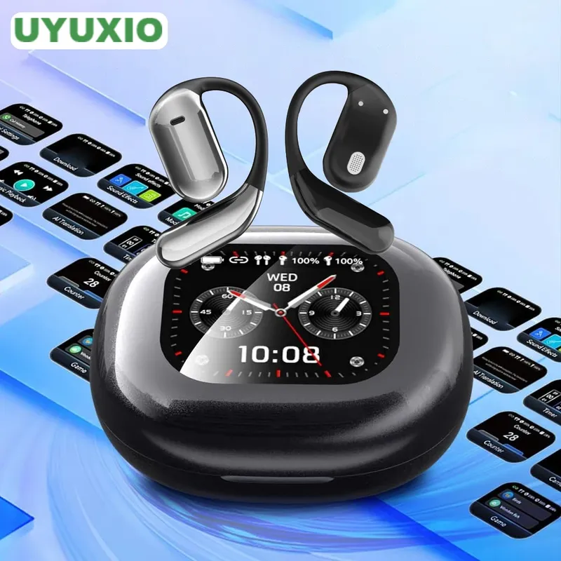 UYUXIO Drahtlose Echtzeit-Ohrhörer mit 144-Sprachen, OWS-LCD-Touchscreen-Kopfhörer, KI-Sprachkopfhörer für Unternehmen