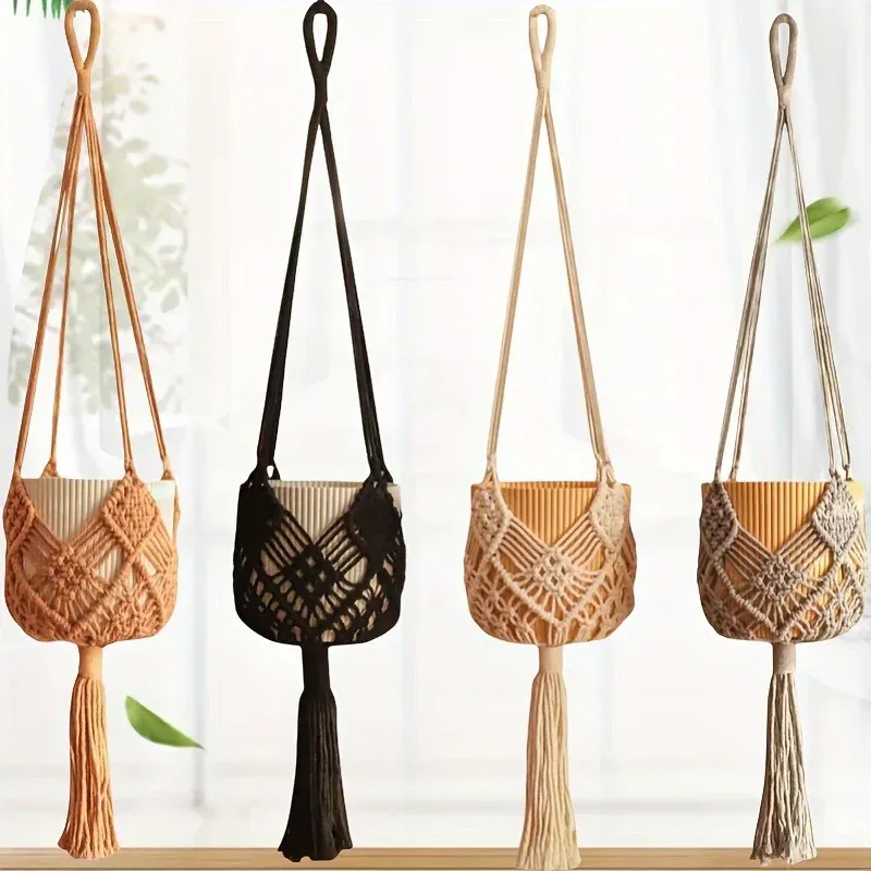 1 Stück Boho-Makramee-Pflanzenaufhänger zum Aufhängen von Sukkulenten, Baumwollseil, gewebter Hängekorb mit Netztasche