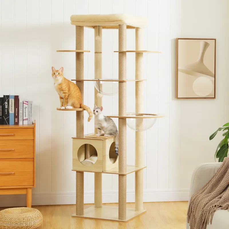 Mehrstufiger Kratzbaum für den Innenbereich, Holz-Katzenturm mit Kratzbäumen, geräumige Eigentumswohnung, Hängematte, oberer Sitzstange, Katzenkratzer, Katzenspielzeug