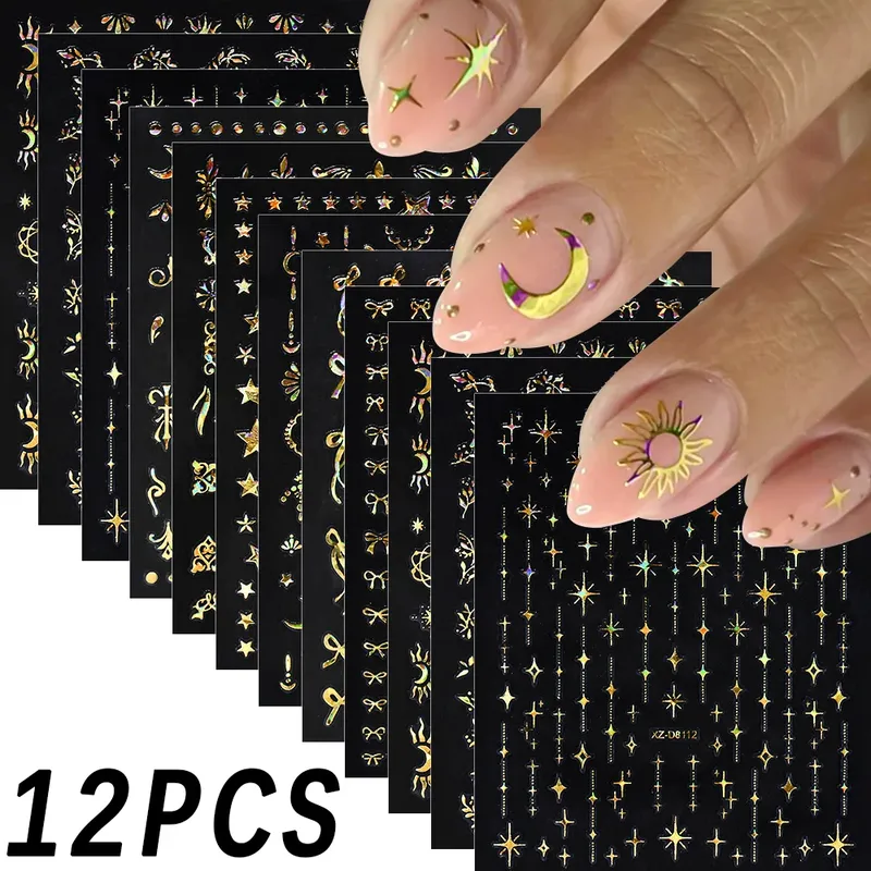 12 Stücke 3D Laser Gold Stern Mond Schleife Nail art Aufkleber Böhmen Sonnenblätter Selbstklebende Nägel Slider Luxuriöse Maniküre Aufkleber
