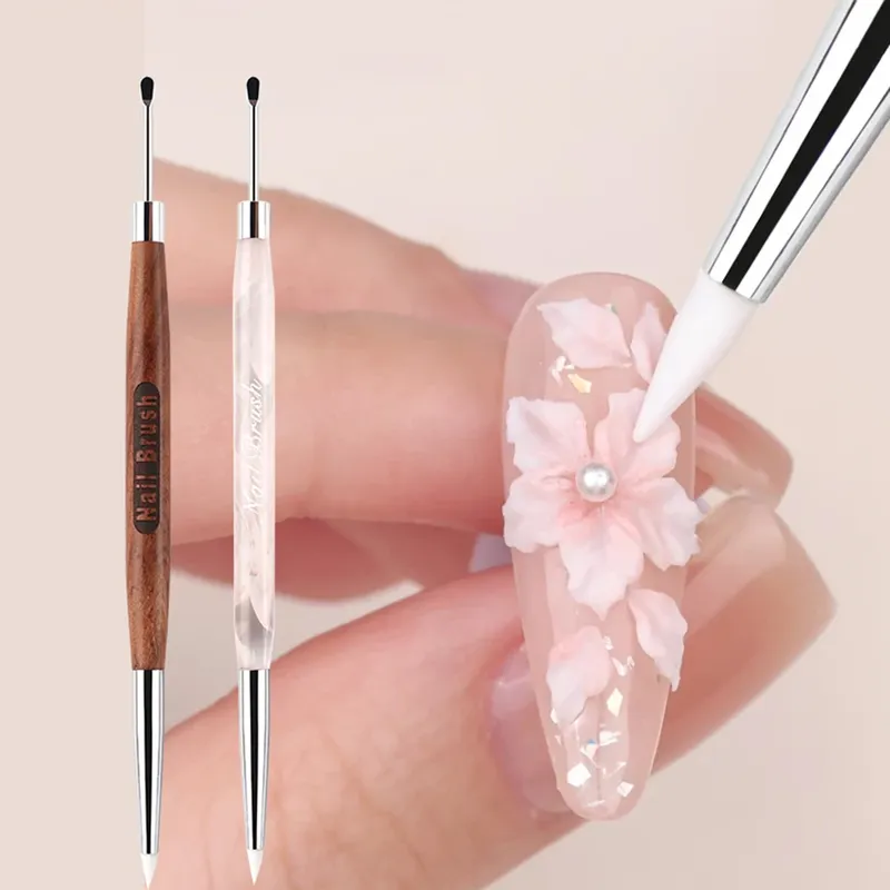 Silikon Nail art Carving Stift Doppel Kopf 3D Blume Malerei Holzgriff Gel Polnisch Modellierung Malerei Design Verlängerung Pinsel