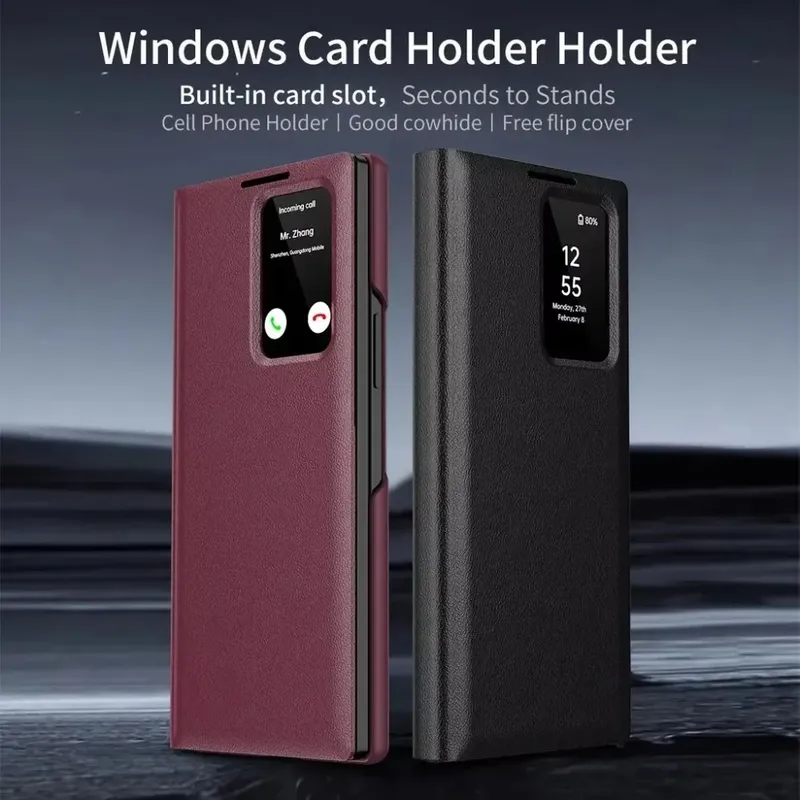Minimalistische Leder-Brieftaschen-Kartenhalter-Hülle für Samsung Galaxy S25 S24 S23 S22 Ultra Plus Flip Smart Display, klare Fensterabdeckung