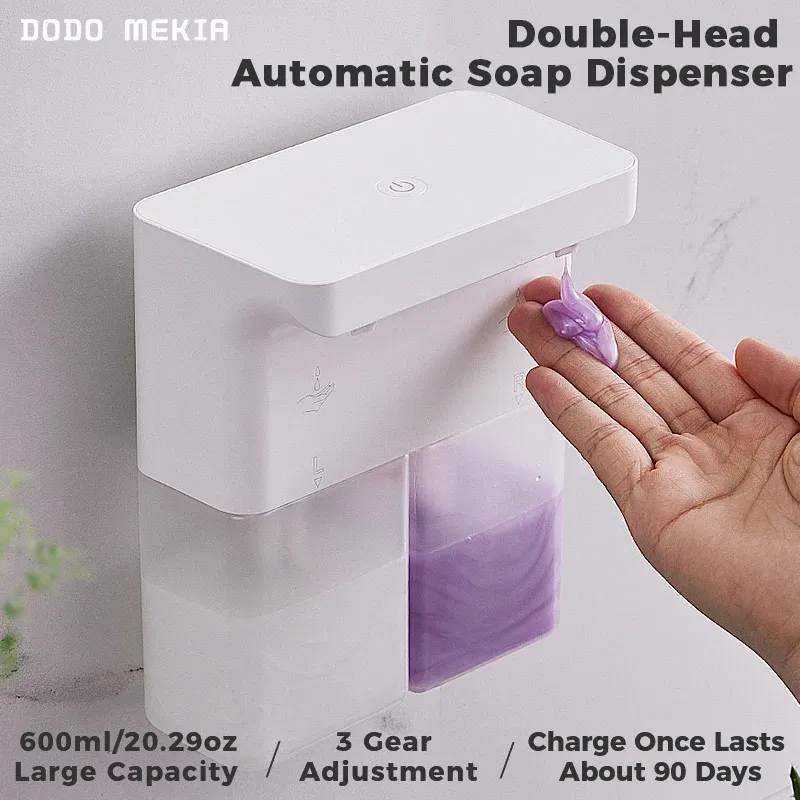 600 ml automatischer Schaumseifenspender, Doppelkopf, berührungslos, wiederaufladbar, 3-stufig verstellbarer Induktionssensor für Küche und Badezimmer