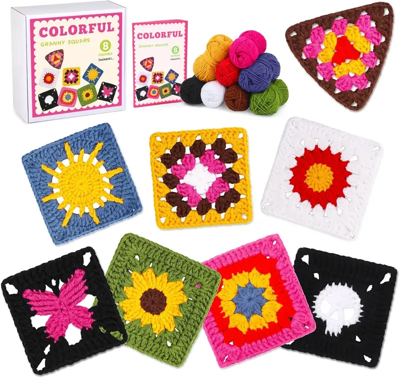 Oma-Quadrate-Häkelset für Erwachsene, Anfänger, gehäkeltes Oma-Quadrat-Strickprojekt mit Haken, Nadeln, Stichmarkierungen