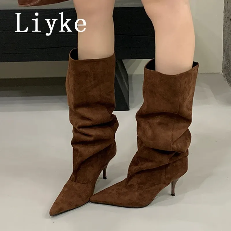 Liyke Herbst Winter Dünne Kätzchen Heels Kniehohe Stiefel Frauen Punk Vintage Spitz Runway Laufsteg Schuhe Lange Booties Größe 40