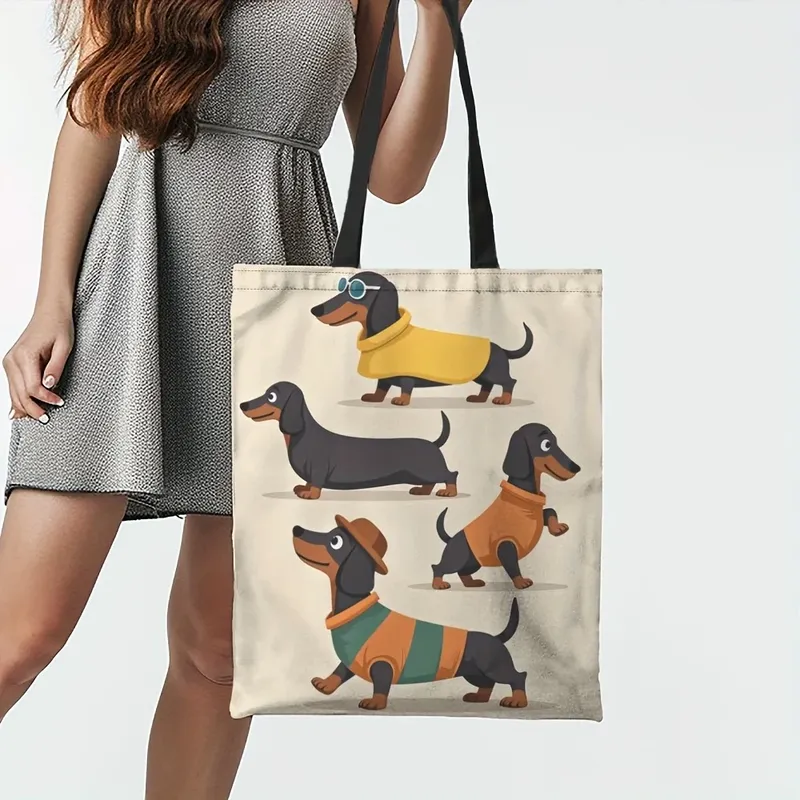 Schicke Einkaufstasche mit Dackel-Aufdruck, großes Fassungsvermögen, lässige Schulterhandtasche für Damen, robuste, wiederverwendbare Einkaufstasche aus Polyester