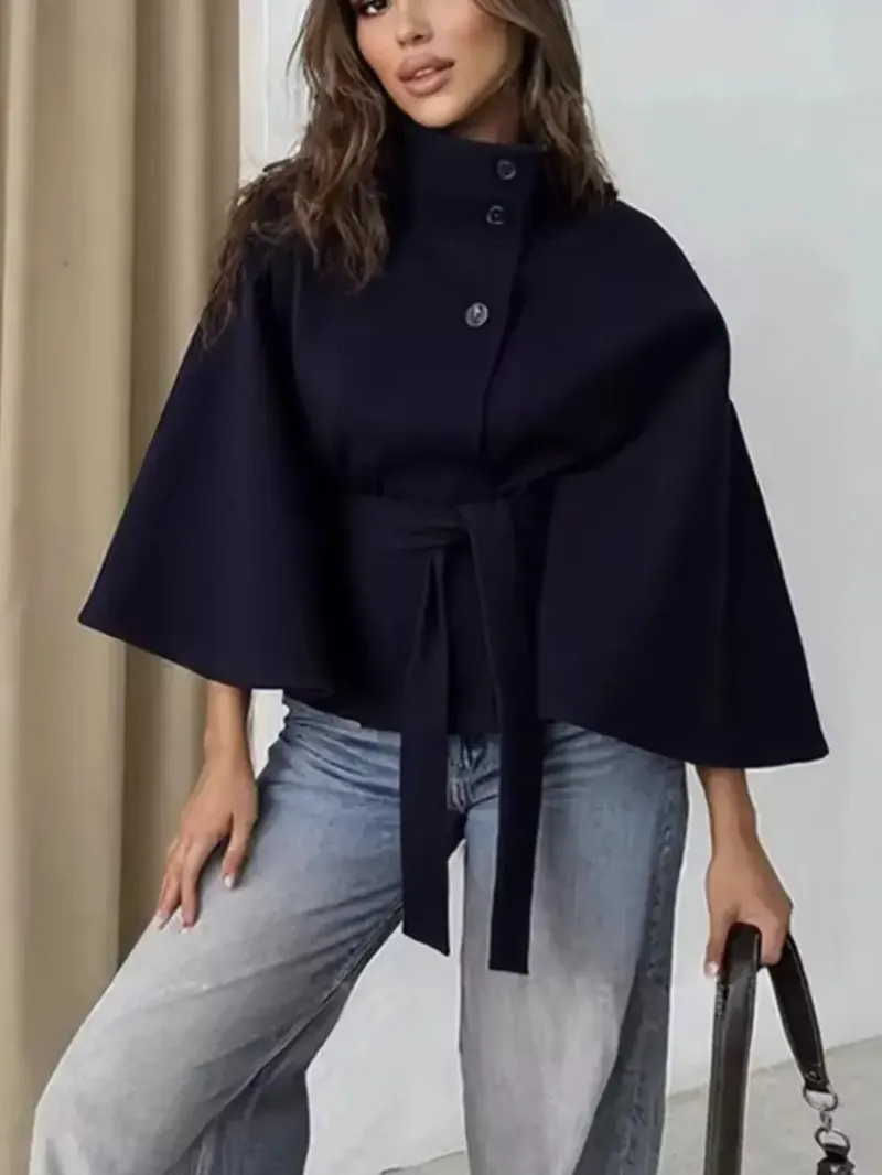 2026 neue Spitze Up High Neck Jacken Für Frauen Gürtel Faux Wolle Mischungen Cape Mäntel Herbst Winter Warme Elegante Mantel Mantel damen