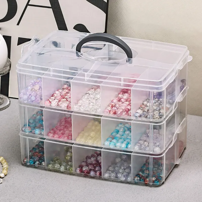 3-lagige transparente Aufbewahrungsbox, stapelbare Aufbewahrungsbox, tragbare Kunststoffbox für Bastelperlen, Aufbewahrungsbox für Schmuck, Aufbewahrungstablett