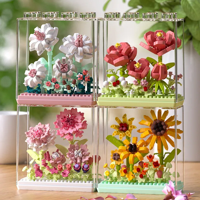 Kreative Bausteine Traumblumenkasten Ewige Blumenserie Desktop-Ornamente Mädchenstrauß Geschenke Zusammengebautes Spielzeug