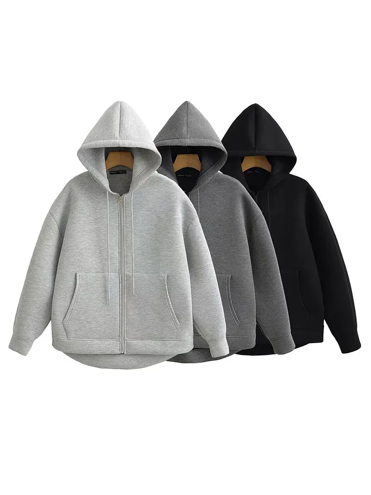 HH 2025 Casual frauen Soild Zipper Hoodie Langarm Große Tasche Zipper Jacke Mit Kapuze Weibliche Lose Oberbekleidung Mantel tops