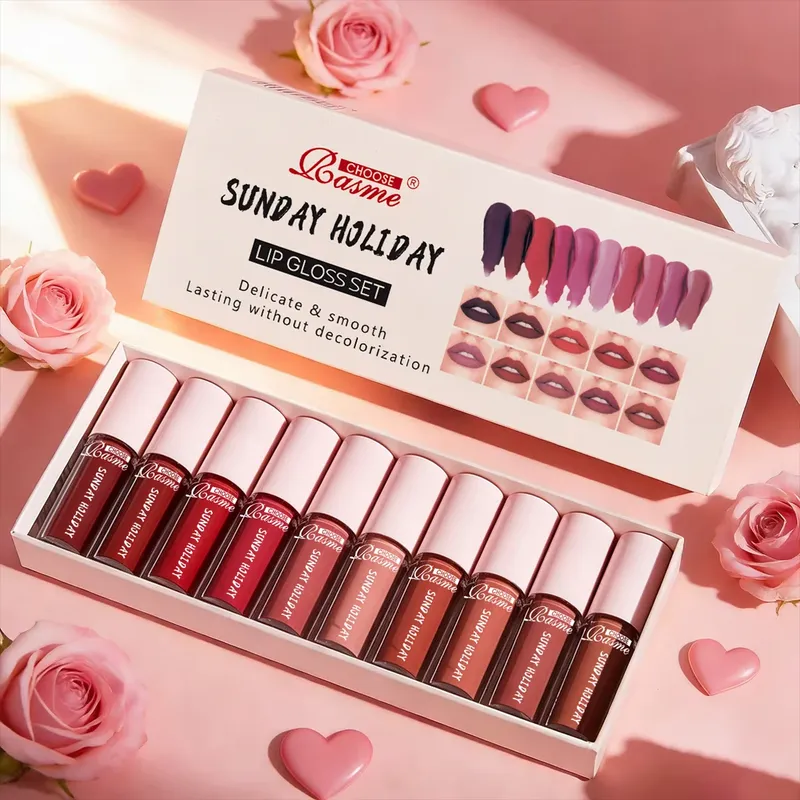10 Stück/Set Lipgloss Velvet Lipstick: Wasserfester und langanhaltender Lipgloss, feuchtigkeitsspendendes Set für Damen, Valentinstagsgeschenk