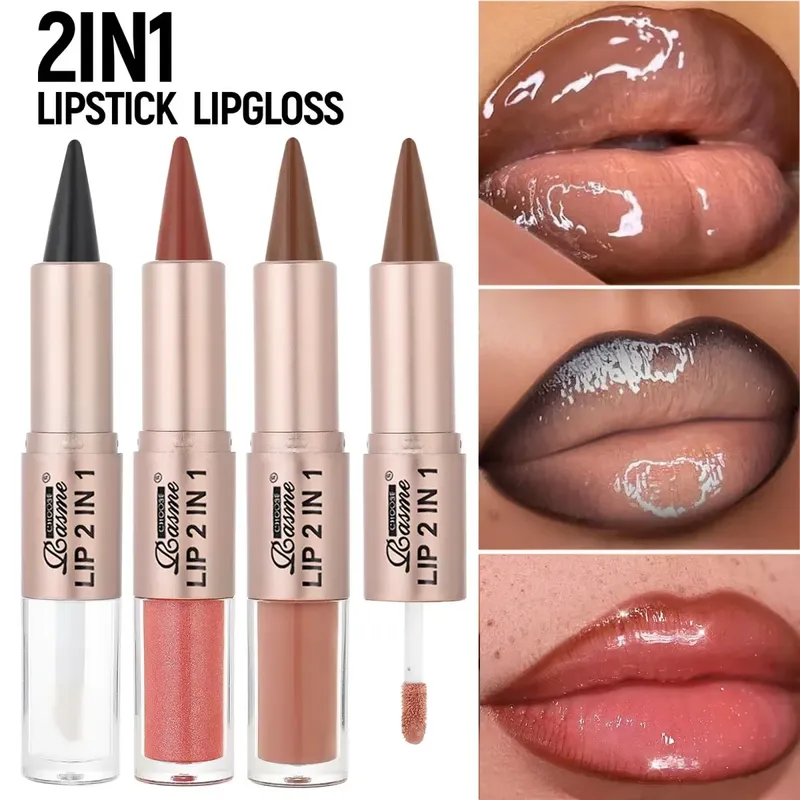 2-in-1 Lippenstift & Lipgloss, Doppelendiges Design, Wasserfester Langanhaltender Lipliner, Feuchtigkeitsspendender Glanz-Finish für Volle Lippen