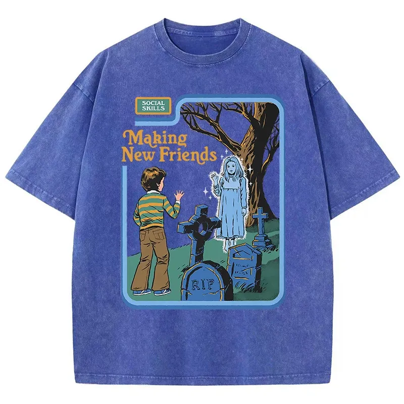 Soziale Fähigkeiten machen neue Freunde gewaschen Retro männliche Frauen T-Shirts Hip Hop atmungsaktive Tops lässig T-Shirt übergroße Baumwolle T-Shirt