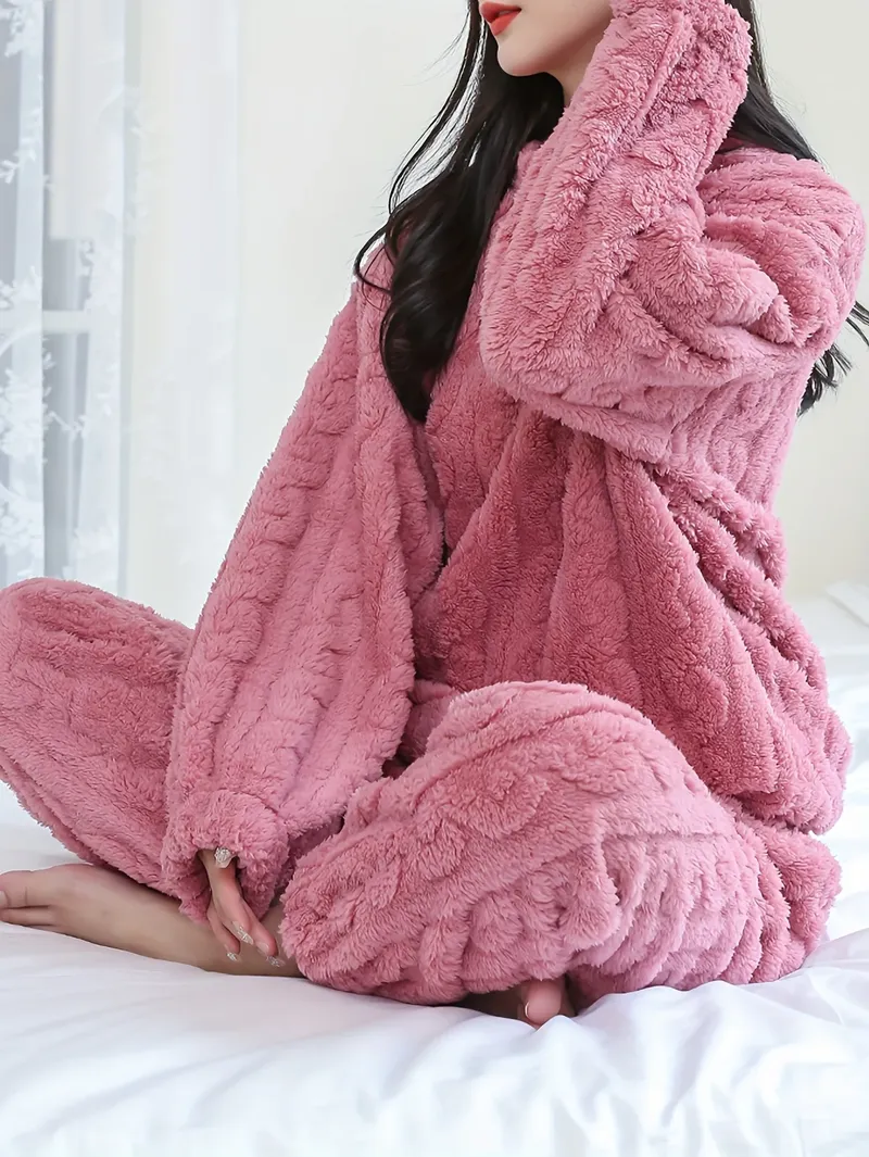 Damen-Winter-Fleece-Pyjama-Set, dick, warm, Plüsch, Nachtwäsche, weich, gemütlich, Jacquard, Loungewear, Homewear-Set für Winter-Nachtwäsche