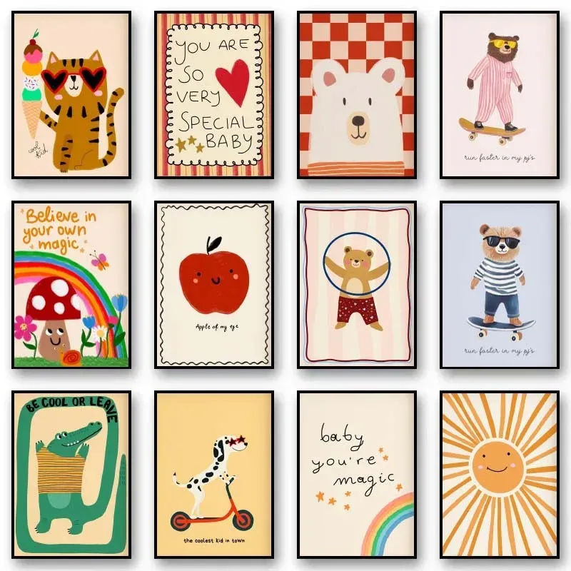 Tiere Poster Drucke Nordic Floral Bunnies Kindergarten Coole Bär Gans Wandkunst Wunderlicher Kaninchen Druck für Kinderzimmer Spielzimmer De