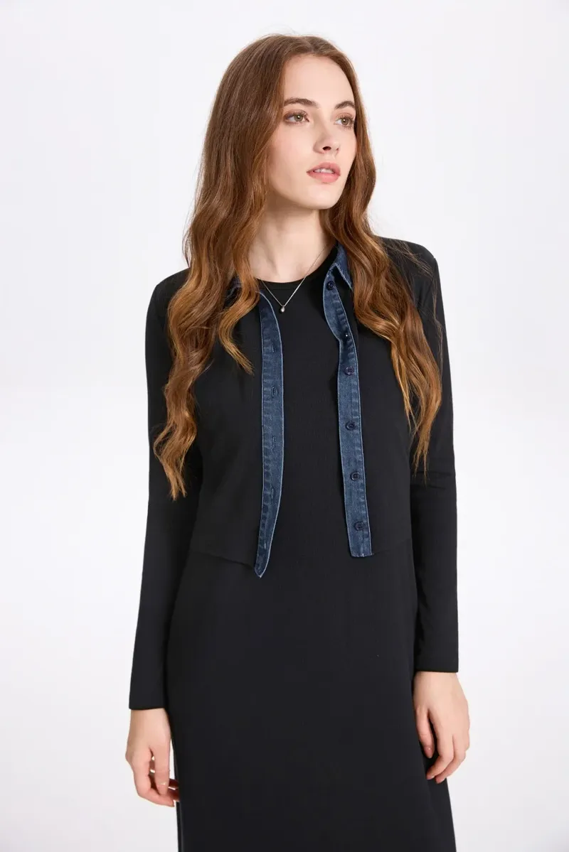 AS AW25 neues Design-Cardigan mit Rippung und Denim-Kragen + ärmelloses Maxikleid, passendes Set für Damenkleidung