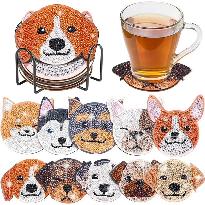 10 Stück/Set Untersetzer aus Holz mit Hundemustern und Diamantgemälden, kreative Untersetzer zum Selbermachen mit Diamantmalerei, Weihnachtsgeschenke