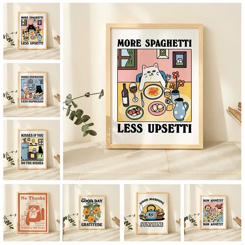 Mehr Spaghetti und weniger beruhigende Katze, Leinwanddruck, Retro, mehr Espresso-Katze, Küche, Wandkunst, Poster für Wohnzimmer, Café, Heimdekoration