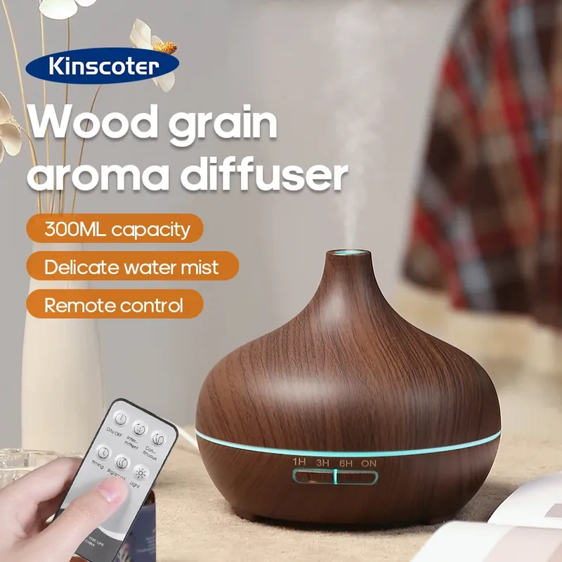 KINSCOTER Aromatherapie-Diffusor mit Holzmaserung, 300 ml, ätherische Aromaöle, Ultraschall-Luftbefeuchter, 3 Timer, USB-Farblicht