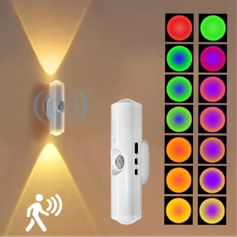 LED-Schrankleuchten, Bewegungsmelder, Umgebungslicht, magnetisch, RGB, wiederaufladbar, Wand-Sonnenuntergang-Lampe, Flur, Treppe, Küche, Nachtlicht