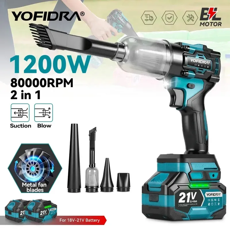 YOFIDRA Bürstenloser 2-in-1 Turbo-Gebläseventilator & Staubsauger 80000RPM Handstaubblasgerät für Makita 21V Akku