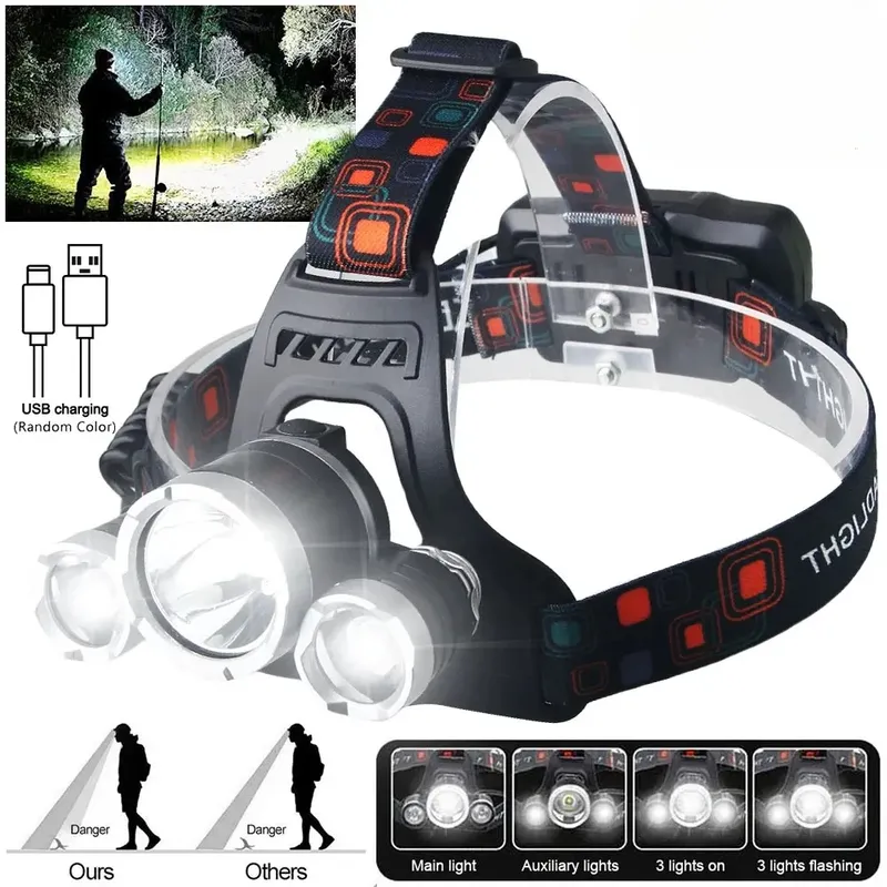 Hochleistungs-LED-Stirnlampe 18650, wiederaufladbarer Akku, Taschenlampe 90 °   Verstellbare Taschenlampe für Außenbeleuchtung, Camping, Angeln, Wandern