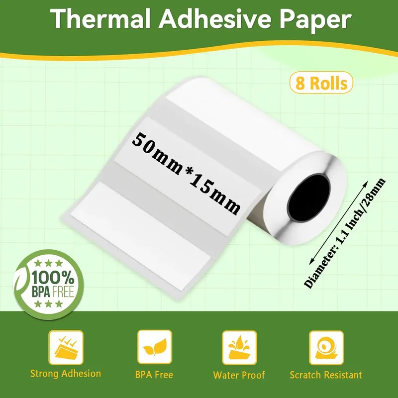Mini-Aufkleber-Druckeretikett – 5 Rollen 50 x 15 mm Thermopapier für Miouca Thermo-Etikettendrucker, weißer selbstklebender Aufkleber für Zuhause
