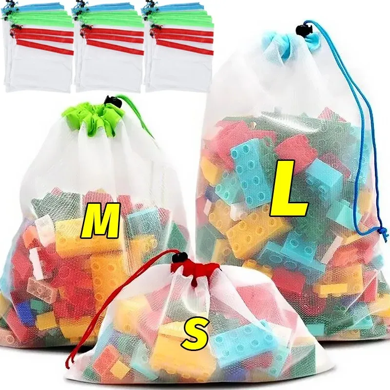 20/1 stücke Mesh Kordelzug Lagerung Taschen Wiederverwendbare Waschbar Spielzeug Taschen Organizer für Bausteine Beutel Küche Obst Gemüse Tasche