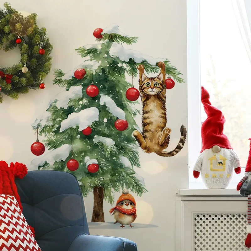 1pc Katze Klettern Weihnachten Baum Wand Aufkleber Abnehmbare PVC Urlaub Dekoration Für Schlafzimmer Kindergarten Baby Zimmer Dekoration