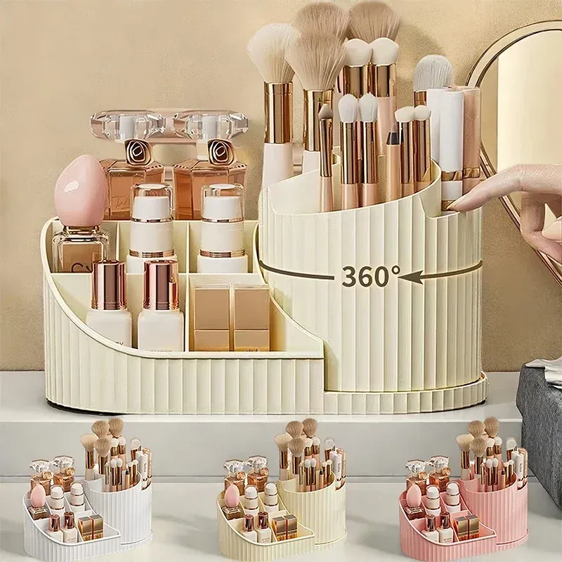 360 °   Rotierender Schminktisch-Make-up-Organizer mit Pinselhalter, große drehende Kosmetikaufbewahrung für Hautpflege, Parfüme und Lotionen