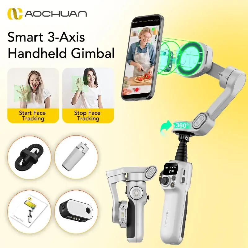 AOCHUAN Smart P2 3-Achsen-Magnet-Hand-Gimbal-Stabilisator mit AI-Tracking und Verlängerungsstange für iPhoen Smartphone Gimbal