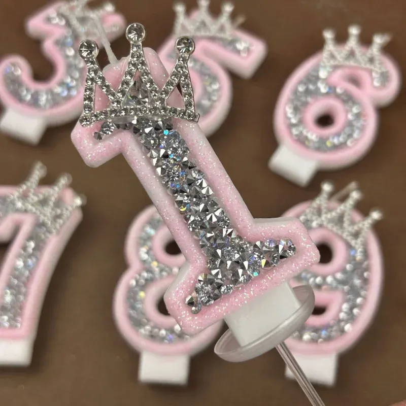 Digitale Kerzen 0-9 Rosa Silber Strass Krone Kreative Kuchen Dekorative Geburtstagskerzen