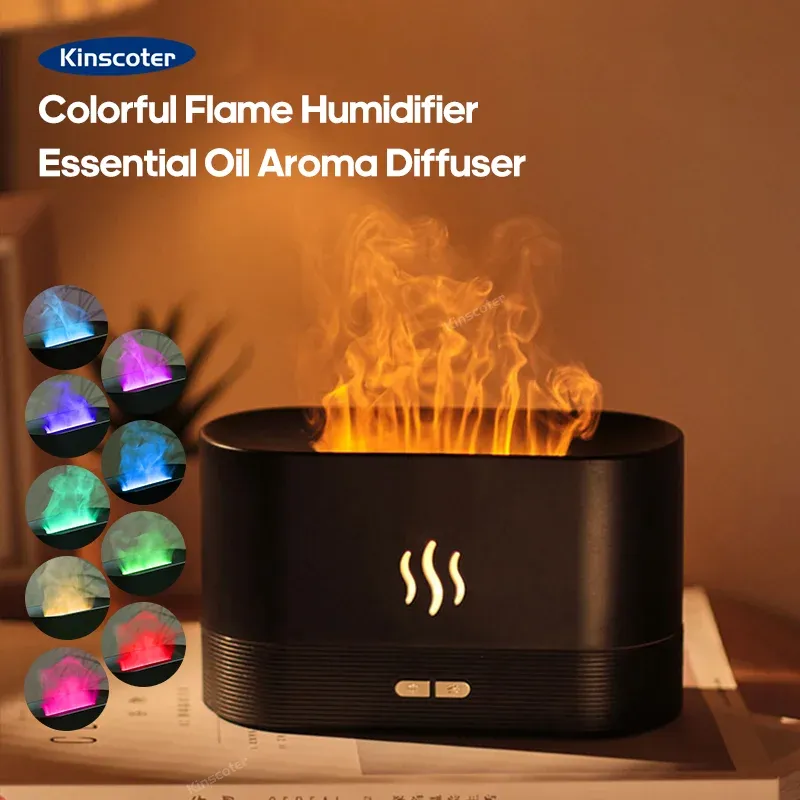 USB-Desktop-Flammen-Aroma-Diffusor Luftbefeuchter mit 7 Farben Simulationslicht Aromatherapie-Luftreiniger für Schlafzimmer/Ätherisches Öl-Set