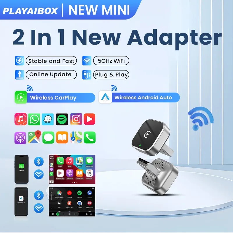 PLAYAIBOX Wireless 2IN1 CarPlay Android Auto Wireless Supermini Box Adapter Plug-and-Play-Dongle Bluetooth WiFi Fast Connect