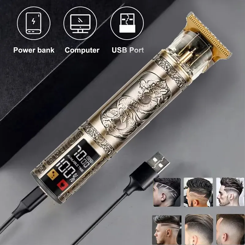 Herren Vintage Haarschneider T9 Carving Wiederaufladbarer Friseur Elektrischer professioneller Haarschneider Bartschneider/Haarschneider aus Metall
