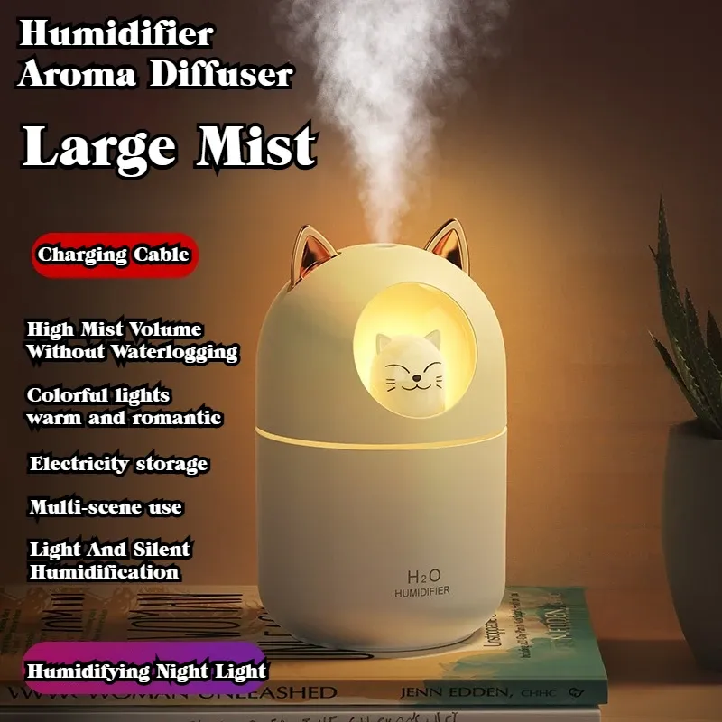 Tragbarer 300-ml-Luftbefeuchter in Katzenform, USB-Aroma-Diffusor, extrem leise, für Haushalt, Schlafzimmer, Büro, Auto mit LED-Nebelspray